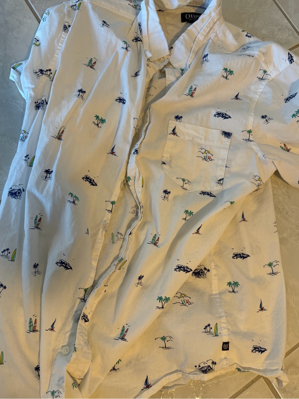 Chaps White Short-Sleeve Button-Down Shirt with Multicolor Tropical Print